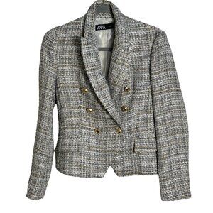 NWT 100% Authentic ZARA Womens  Double Breasted Lined Cropped Tweed Blazer XS
